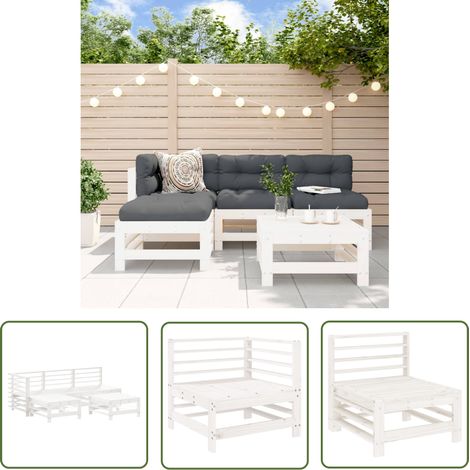 The Living Store 5-tlg. Garten-Lounge-Set Weiß Massivholz Kiefer - Gartenmöbel - Loungeset - Rattan Möbel - Outdoor Furniture - Garten Lounge Set (1/5)