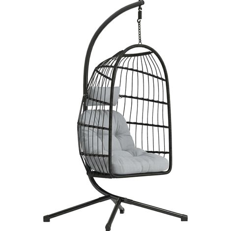 Fauteuil suspendu œuf, balancelle d'extérieur avec support et sangle de sécurité, noir/gris clair idéal pour aménager votre terrasse, balcon ou jardin, alliant confort et durabilité pour vos moment...