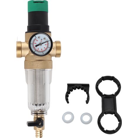 Régulateur de pression d'eau avec filtre en laiton et acier inoxydable, réducteur de pression avec manomètre et adaptateur 3/4 pouce pour camping-car et maison. (1/5)