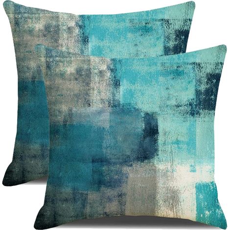 Lot de 2 housses coussin art abstrait 50x50 cm bleu sarcelle gris contemporain (1/5)