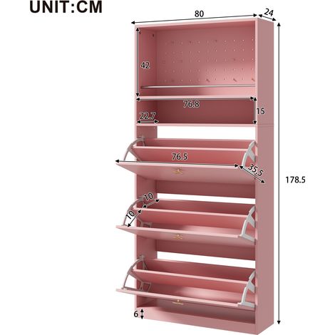 Meuble à chaussures étroit et moderne, avec 3 compartiments rabattables et 2 étagères ouvertes, poignées en forme de trèfle dorées, idéal pour une entrée ou un couloir, rose, dimensions : 80 × 24 × 17 (1/5)