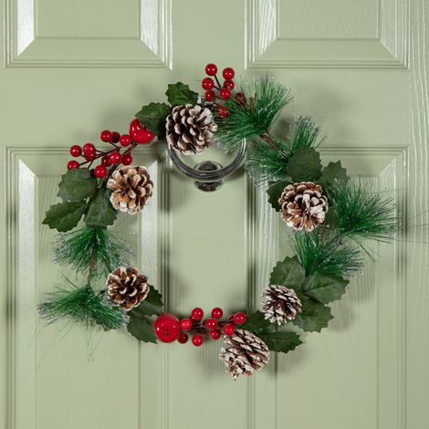 45cm Hanging Christmas Wreath with Red Berries and Frosted Pinecones (1/5)