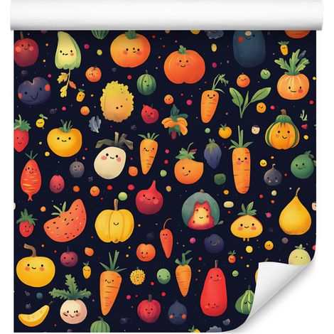 Kawaii-Gemüsetapete in Marineblau, Gold und Indigo für Wohn- und Schlafzimmer, 50x1000 (1/4)