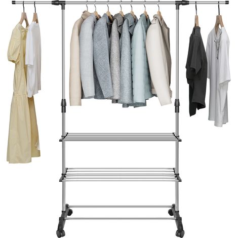 Appendiabiti da terra,Haloyo®,Stand Appendiabiti da Terra Autoportante Stender,Appendiabiti con ruote,con ripiano a 3 livelli,75 x 42 x (70-150)cm,nero (1/5)