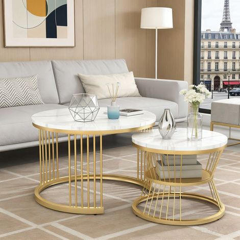 Set aus 2 modernen Wohnzimmer-Couchtischen, Marmorfurnier, rund, mit Goldrahmen, Wohnzimmermöbel, weiß