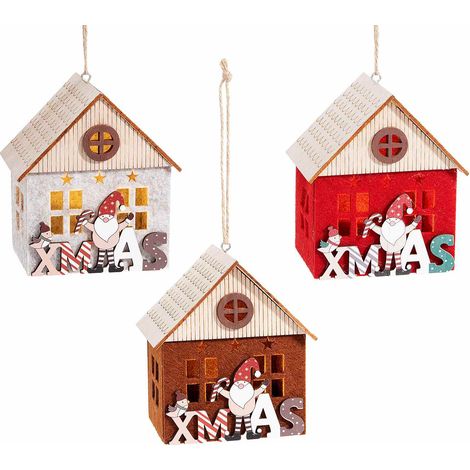Maisonnettes de Noël en bois et feutrine, inscription Xmas, lutin et lumières, lot de 6, 10,5 x 7,5 x H. 12 cm