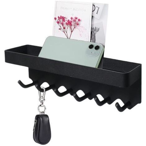 adhesive wall hook, 1 wall key holder, wall key hanger, self-adhesive, stainless steel key holder, with 6 hooks, without drilling, durable, for doors, living rooms, offices (black) (1/5)
