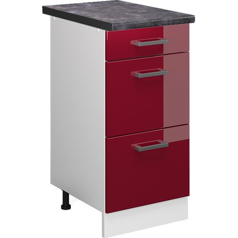Mueble bajo de cocina R-Line, Rojo Burdeos alto brillo, 40 cm con cajones, ET Antracita, Vicco