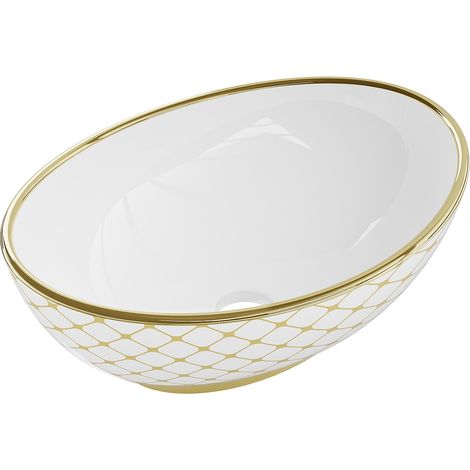 Vasque à poser ovale Silla, lavabo salle de bain en céramique 40,5x33x14 cm, design moderne, installation facile, Blanc/Or