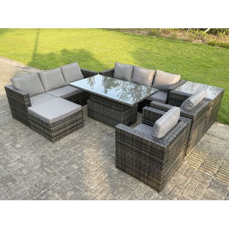 Fimous 9 Sitzer Outdoor Rattan Gartenmöbel Set Einstellbarer Aufsteigender Hubtisch mit Beistelltisch Stühle Hocker Dunkelgrau Gemischt (1/4)
