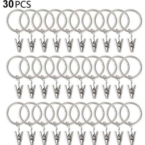 30 Gardinenringe mit Clips, stabile Gardinenclips, Haken an Spannstangenhalterung, Metallösen mit Innendurchmesser, dekorative Gardinenaufhänger, silberfarben