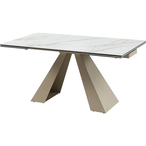 Table à manger extensible 6 à 10 personnes en verre trempé, céramique et métal - Effet marbre blanc et beige - LOZIPA de Maison Céphy (1/5)