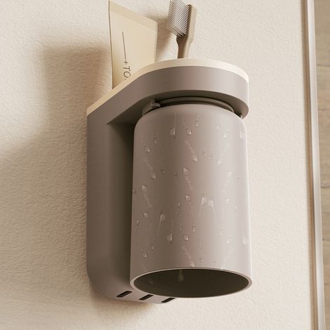 Soporte para cepillos de dientes de pared, gran capacidad, multifuncional con función de drenaje, fácil de instalar, autoadhesivo (marrón caramelo). (1/4)