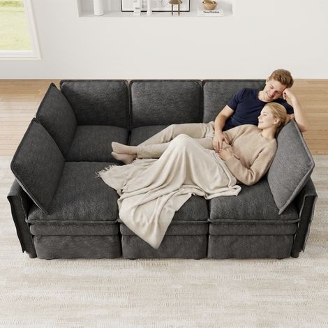 Canapé modulable 6 places d'angle en U/L avec fonction couchage,canapé en chenille avec tabouret mobile,double rembourrage d'assise,passepoil,Gris (1/5)