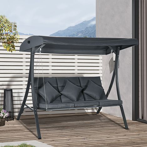 Balancín de Jardín Exterior Columpio de 3 Plazas con Toldo Ajustable y Marco de Acero 202x115x168 cm Gris Oscuro (1/5)