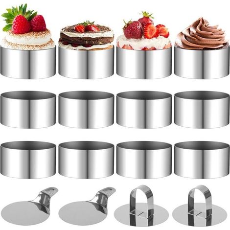 Ensemble de 12 cercles à pâtisserie, cercles de présentation de 8 cm avec 2 couvercles et 2 bases, emporte-pièces ronds en acier inoxydable, cercles à mousse circulaires pour gâteaux, desserts et mous