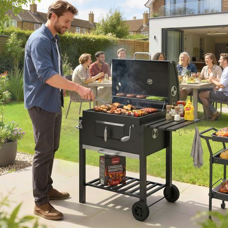 Fumoir-barbecue à charbon de bois, 1 étagère, 1 porte-serviettes, 2 grilles de cuisson, 113 cm x 65 cm x 108 cm, noir