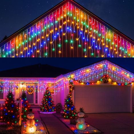 Tenda luminosa luci natalizie con 256 LED da 6mt prolungabile con luci multicolor e flash bianco freddo intermittente per balcone facciate interno esterno IP44 cascata