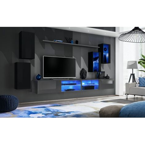 Ensemble meuble TV mural Switch XXV - L 280 x P 40 x H 140 cm - Noir et gris - Livraison gratuite
