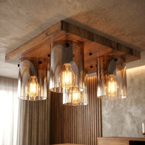 Deckenleuchte Deckenlampe Wohnzimmerlampe Holzoptik Glas Rauchfarbe 4-Flammig (1/5)