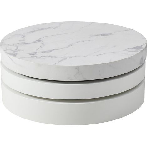 Tavolino girevole tondo con 1 nicchia in MDF Effetto marmo Bianco e Bianco laccato - JANITA
