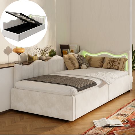 Lit simple rembourré 90x200 cm avec éclairage LED, canapé-lit coffre 90x200cm avec rangement hydraulique, sommier à lattes en bois, pour enfant et adulte, sans Matelas, velours, Beige clair (1/5)