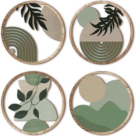 Ensemble de 4 décorations murales bohème, suspensions rondes en bois ajouré (1/5)