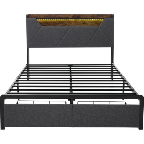 Lit rembourré avec fonction de charge USB Type-C, tête de lit avec rangement, éclairage LED et tiroirs, lit double 160 x 200, cadre de lit avec sommier à lattes en cadre métallique, gris (avec matelas