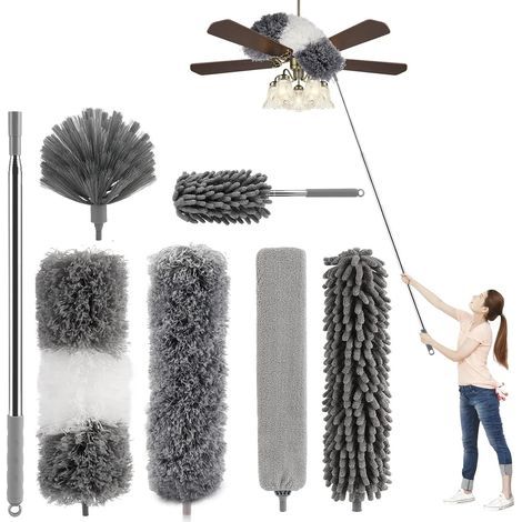 7-Piece Telescopic Duster Set, 256cm Length, Washable Microfiber, Wolf Head Design for Ceilings, Grey (1/5)