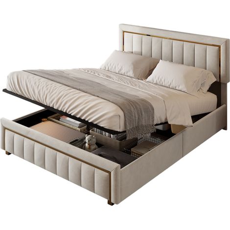 Lit coffre 140x200 cm ,lit double Rembourré ,Velours blanc ,2 places ,cadre de lit adulte,Design contemporain (1/5)