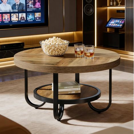 Table basse ronde 2 niveaux en MDF et métal noir/marron, hauteur 79 cm (1/5)
