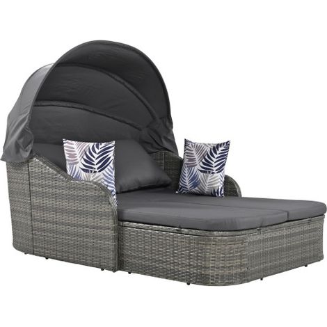 Chaise longue double jardin rotin PE avec auvent 4 coussins gris