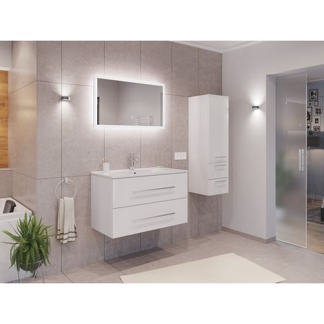 Badmöbel Set Firenze 90 3tlg. LED Spiegel und Seitenschrank weiß hochglanz