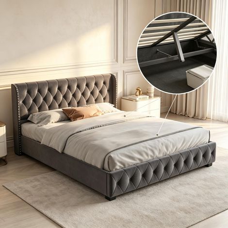 Lit coffre 140x190,lit 140x190 avec sommier à lattes,lit double capitonné,lit adulte,lit 2 personnes,tissu en Velours,lit 2 persons,Gris