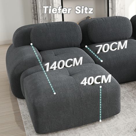 Canapé lounge modulable 2 places 208x178cm - 2 repose-pieds mousse 32d - velours côtelé - gris (1/5)