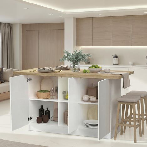 Isla de Cocina Migani, Mueble Alacena 3 Estantes, 6 Compartimentos, Made in Italy, 3 Puertas, 160x80x90h cm Blanco Brillante (1/5)