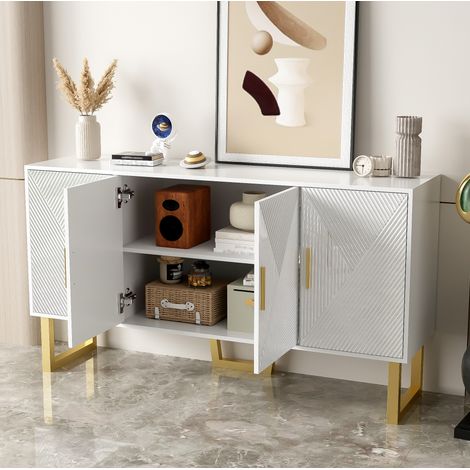 Credenza in MDF e pannelli truciolari bianca 150x40x82 cm, 4 ante lucide, ripiani regolabili e gambe oro opaco (1/5)