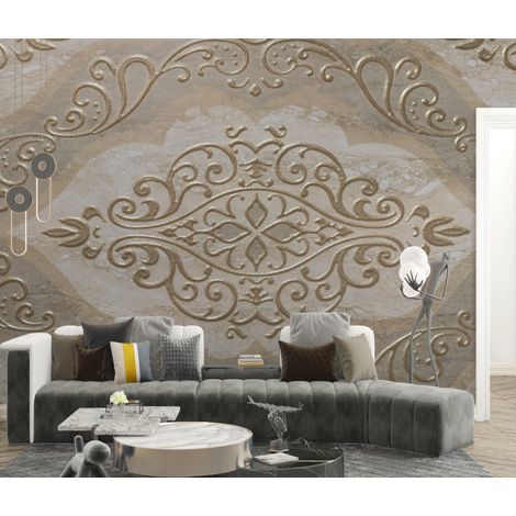 Papier peint rétro - grand médaillon damas beige clair - 400 x 260 cm (1/2)