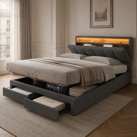 Cama con canapé abatible 140 x 190 cm con LED, cama de matrimonio con 2 cajones, cabecero con almacenaje, tapizada en lino, somier de lamas, Gris (1/5)