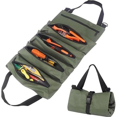 Sac à outils enroulable, organisateur d'outils robuste et portable, pochette de rangement pour outils en tissu Oxford imperméable avec fermeture éclair, pour mécaniciens, électriciens et ré (1/5)