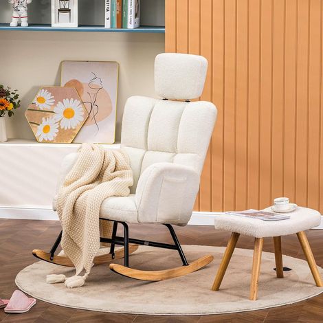 Fauteuil à Bascule, Fauteuil de Relaxation, avec accoudoirs Appui-tête Repose-Pieds, en Peluche, Charge maximale : 150 kg, Chaise Longue de Jardin pour Chambre à Coucher, Salon, Beige (1/5)