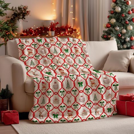 Couverture de Noël en flanelle 127 x 152 cm - Plaid en polaire douce et moelleuse avec décorations d'ours, de sapin et de nœud, confortable pour le canapé et le lit, cadeau idéal pour femmes, enfants (1/5)