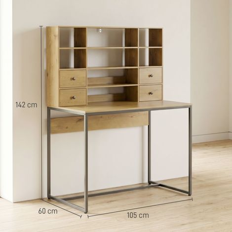 Bureau d'ordinateur en bois naturel, 4 tiroirs et étagères, plateau 105 cm, meuble de travail spacieux avec rangements, poste de travail élégant (1/5)