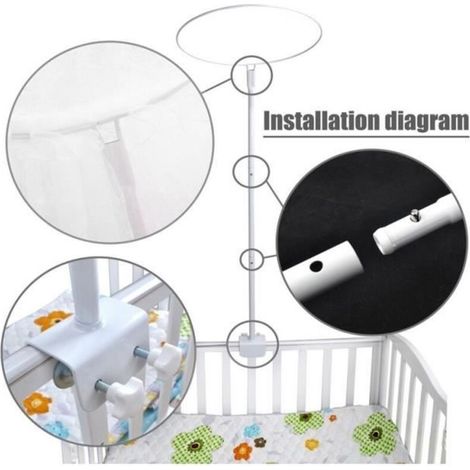 (Blanc)Grand Ciel de Lit avec Support Moustiquaire pour lit Bébé, Protecteur Lit Contre Insectes Araignées Moustiques avec Poteau Blanc (1/3)
