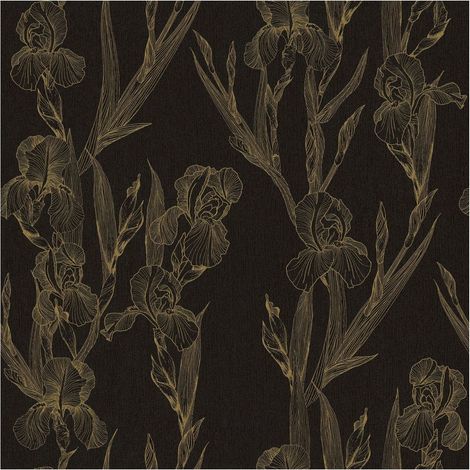 Flowers wallcovering wall Profhome 375263 non-woven wallpaper smooth with floral pattern matt black yellow 5.33 m2 (57 ft2) (1/5)