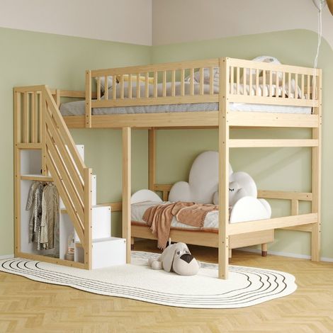 Lit Mezzanine Enfant 140x200 Bois Massif avec Escalier Rangement et Barrière Sécurité