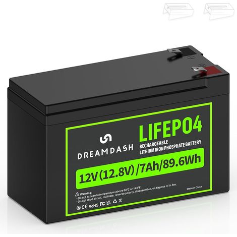 Batterie 12V 7Ah Lifepo4 Rechargeable Lithium, 3000+ cycles à 80% DOD, fonctionne de -20 ℃ à 60 ℃, IP55 pour Voiture pour Enfants, UPS, Système Solaire éolien, E-bike, éclairage, Scooter (1/5)