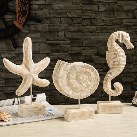 Figurine Étoile De Mer - Figurine Conque - Figurine Hippocampe - Décoration Plage Bois Fait Main - 3 Pièces (1/5)