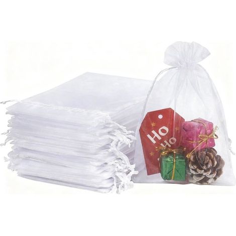 Sachets cadeaux en organza 100, blancs, 10 x 15 cm, avec cordon de serrage, pour mariages, anniversaires, Noël et cadeaux d'invités (1/5)