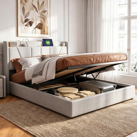 Letto matrimoniale 140 x 200 cm per adulti – Cassettiera idraulica – 2 porte USB + 1 porta USB-C – Testiera con mensole – Biancheria beige (1/5)